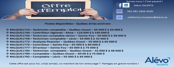 Postes disponibles à Québec en date du 10 mai 2019