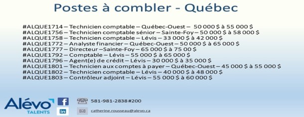 Postes disponibles à Québec en date du 17 mai 2019