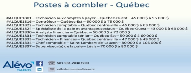 Postes disponibles à Québec en date du 24 mai 2019