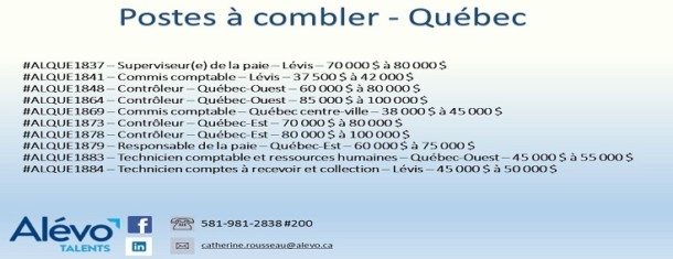 Postes disponibles à Québec en date du 21 juin 2019