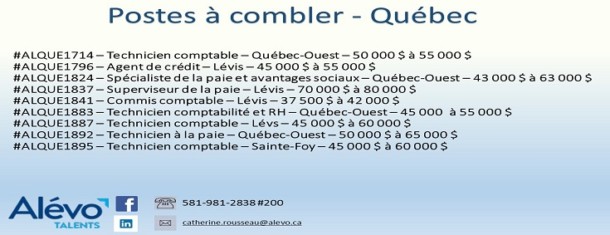 Postes disponibles à Québec en date du 12 juillet 2019