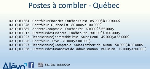 Postes disponibles à Québec en date du 26 juillet 2019