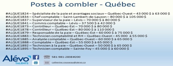 Postes disponibles à Québec en date du 5 juillet 2019