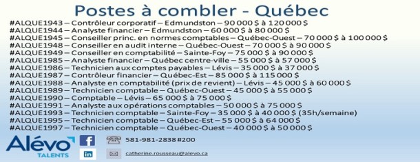 Postes disponibles à Québec en date du 13 septembre 2019